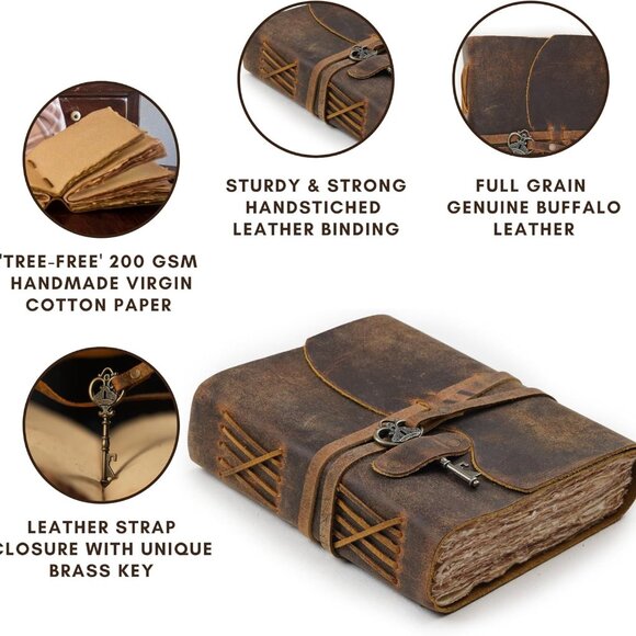 Vintage Leather Journal – 200 Handmade Vintage Deckle Edge Paper – Leather bound - Picture 4 of 8